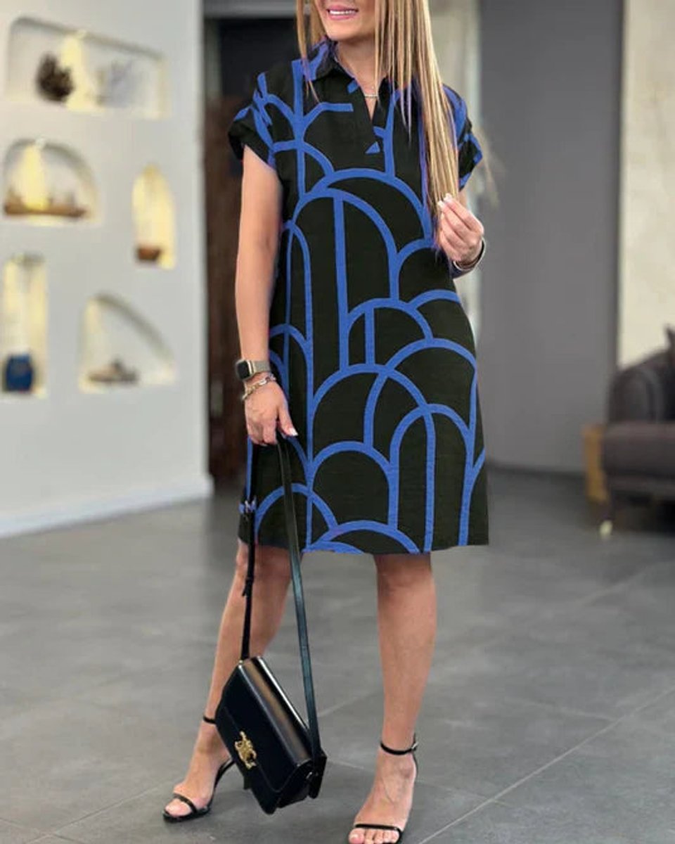 Women's Geometric Print Short Sleeve Fall Midi Dress Pockets