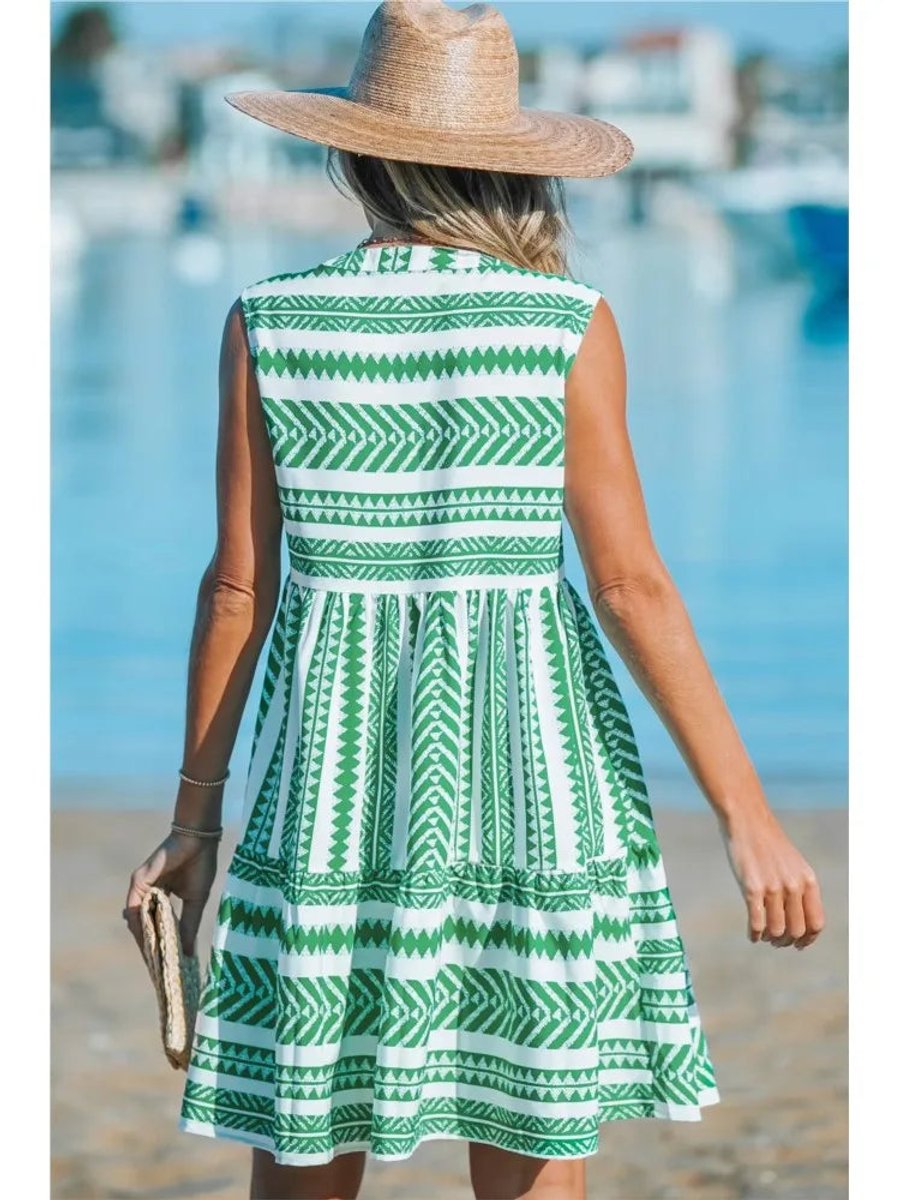 Women's Geometric Print Sleeveless Babydoll Fall Midi Dress