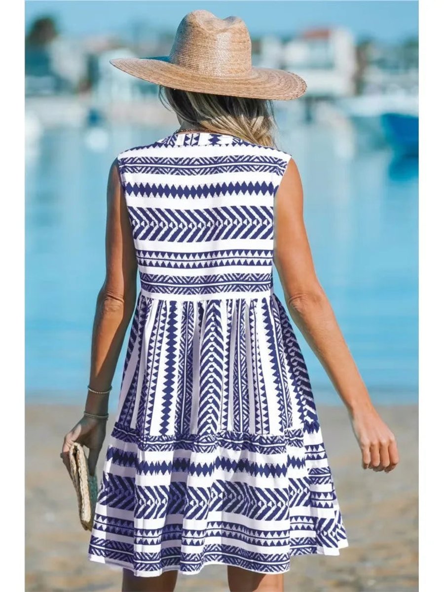 Women's Geometric Print Sleeveless Babydoll Fall Midi Dress