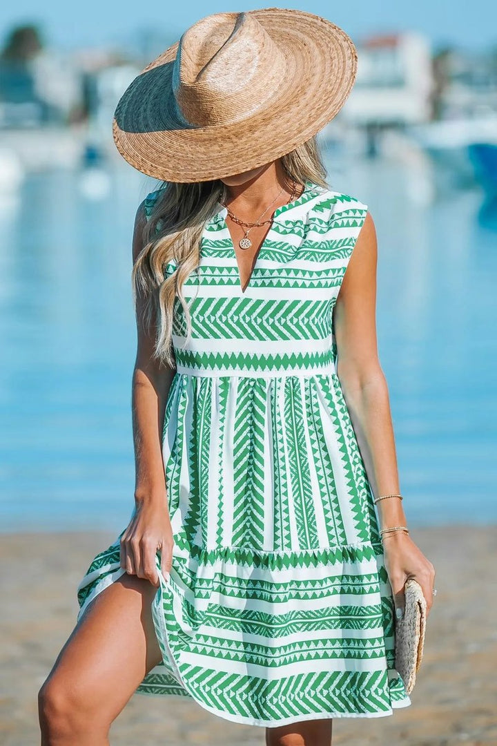 Women's Geometric Print Sleeveless Babydoll Fall Midi Dress