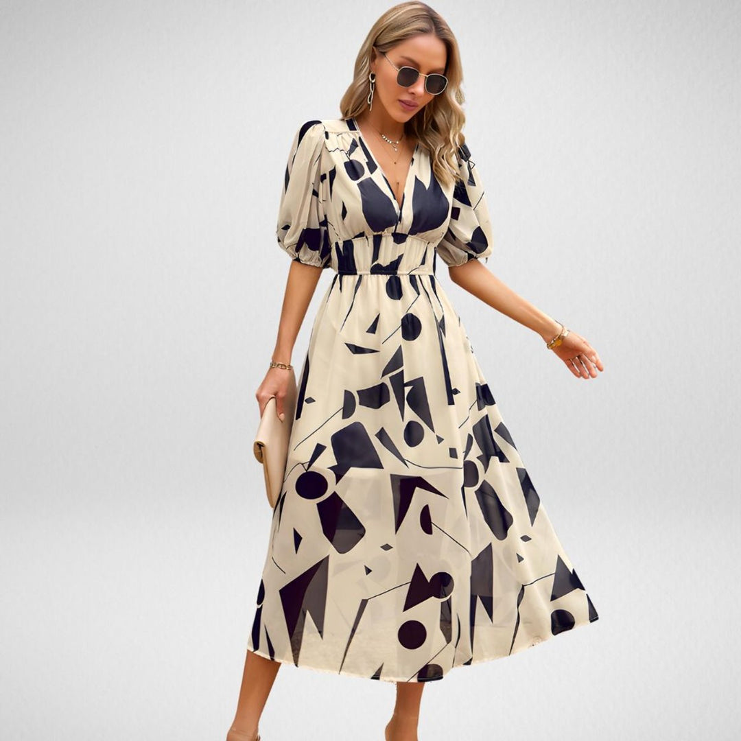 Women's Geometric Print V-Neck Fall Midi Dress Elastic Waist