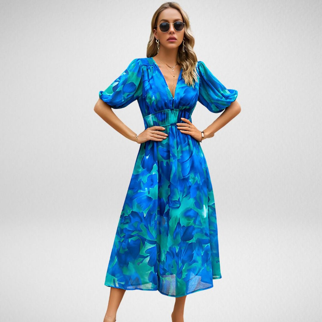 Women's Geometric Print V-Neck Fall Midi Dress Elastic Waist