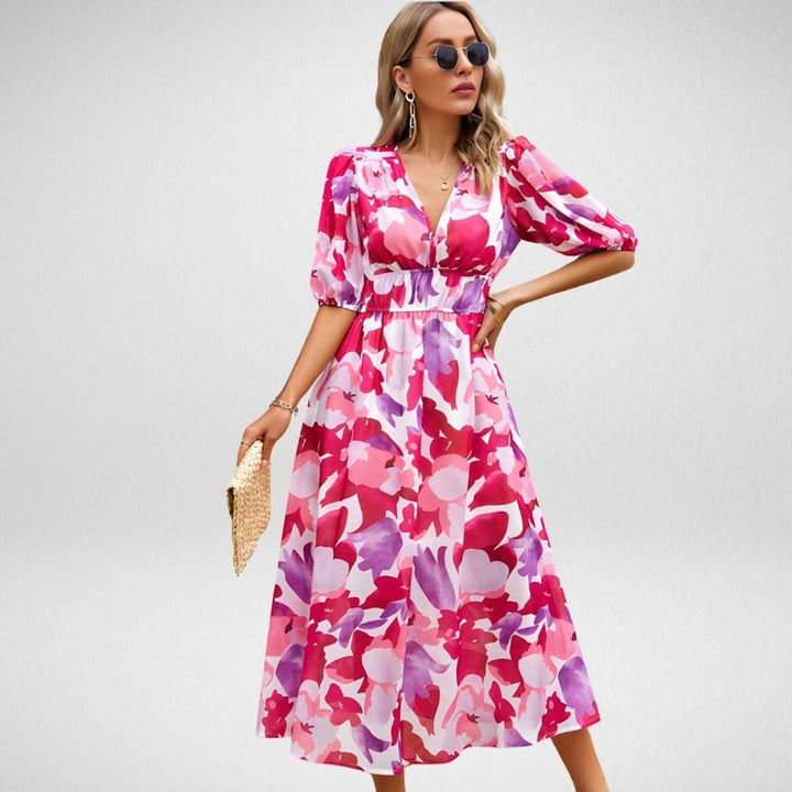Women's Geometric Print V-Neck Fall Midi Dress Elastic Waist