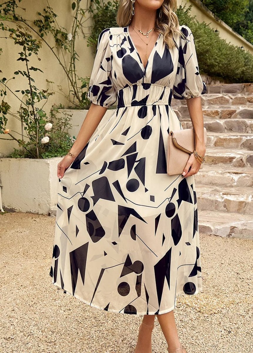 Women's Geometric Print V-Neck Puff Sleeve Fall Midi Dress