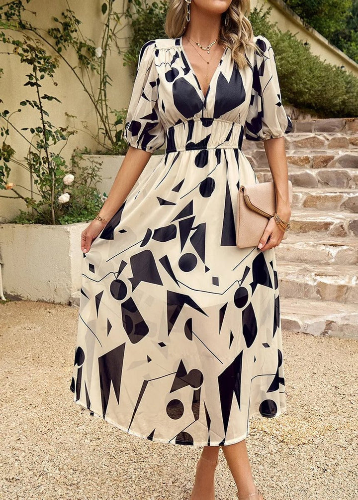Women's Geometric Print V-Neck Puff Sleeve Fall Midi Dress
