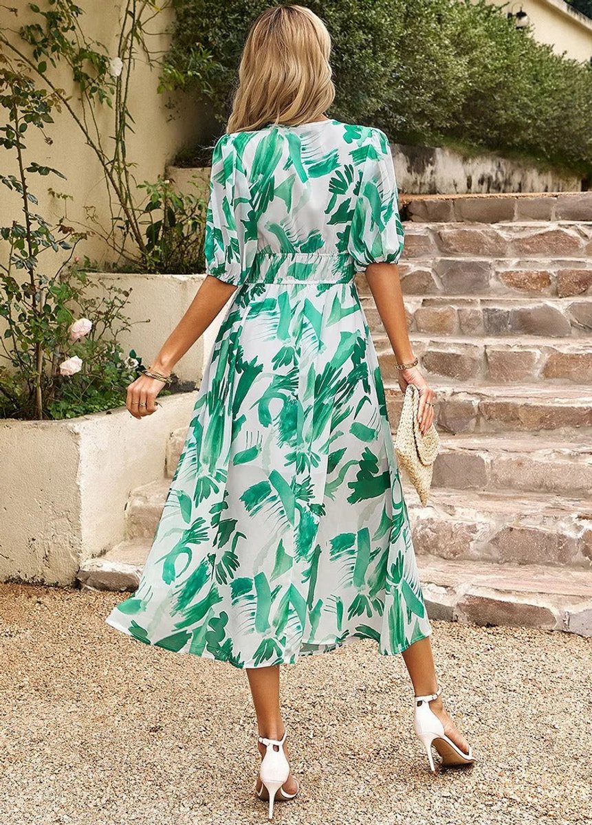 Women's Geometric Print V-Neck Puff Sleeve Fall Midi Dress