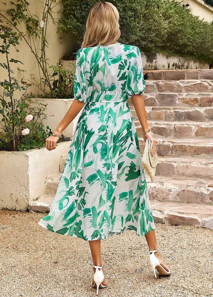 Women's Geometric Print V-Neck Puff Sleeve Fall Midi Dress