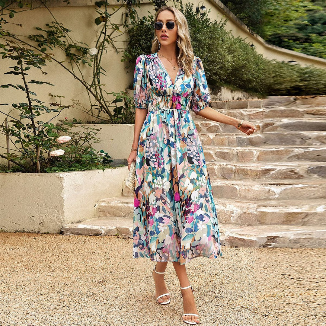 Women's Geometric Print V-Neck Puff Sleeve Fall Midi Dress