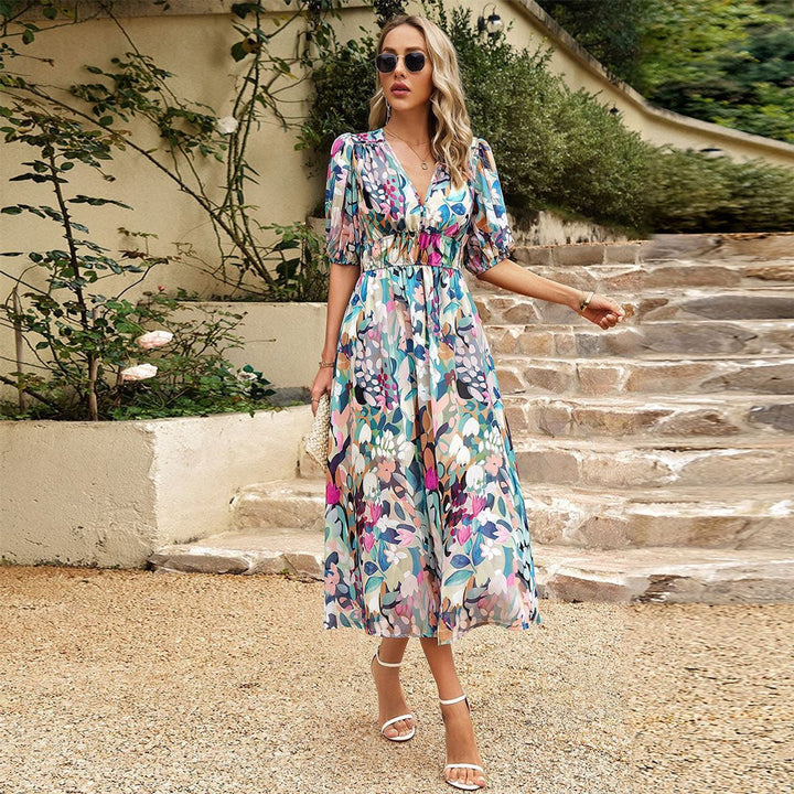 Women's Geometric Print V-Neck Puff Sleeve Fall Midi Dress