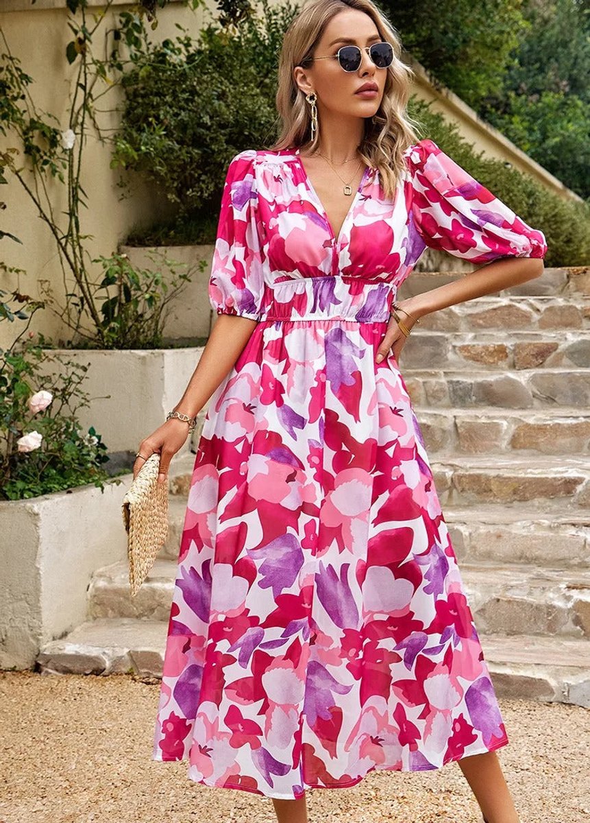 Women's Geometric Print V-Neck Puff Sleeve Fall Midi Dress