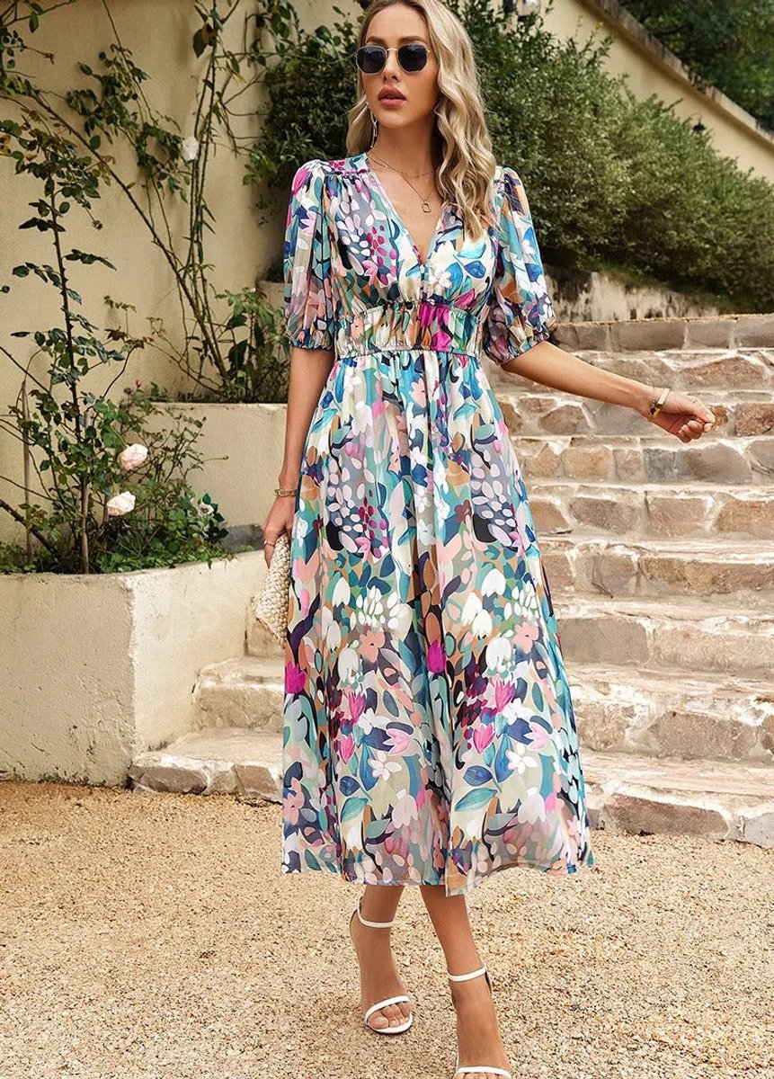 Women's Geometric Print V-Neck Puff Sleeve Fall Midi Dress