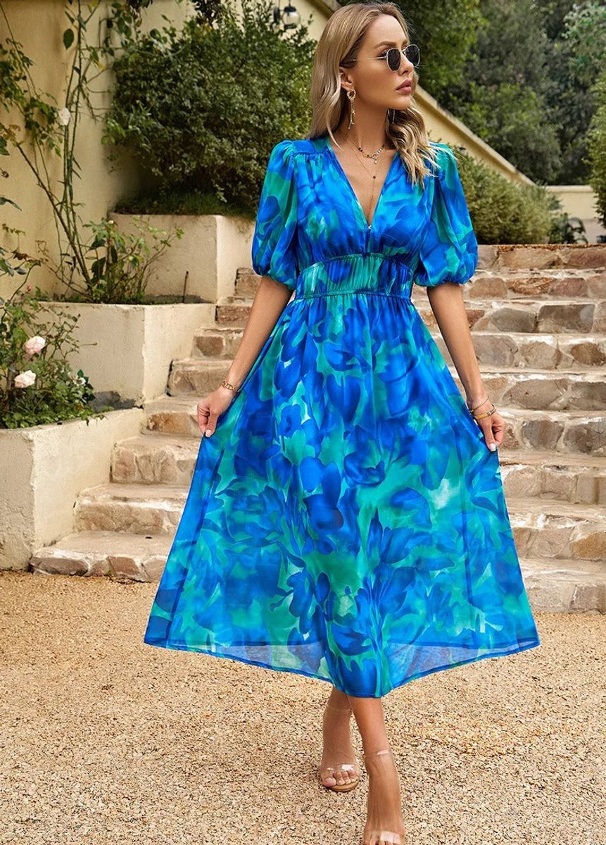 Women's Geometric Print V-Neck Puff Sleeve Fall Midi Dress