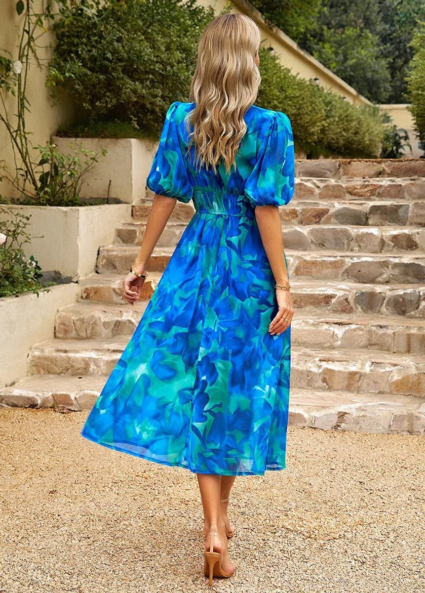Women's Geometric Print V-Neck Puff Sleeve Fall Midi Dress