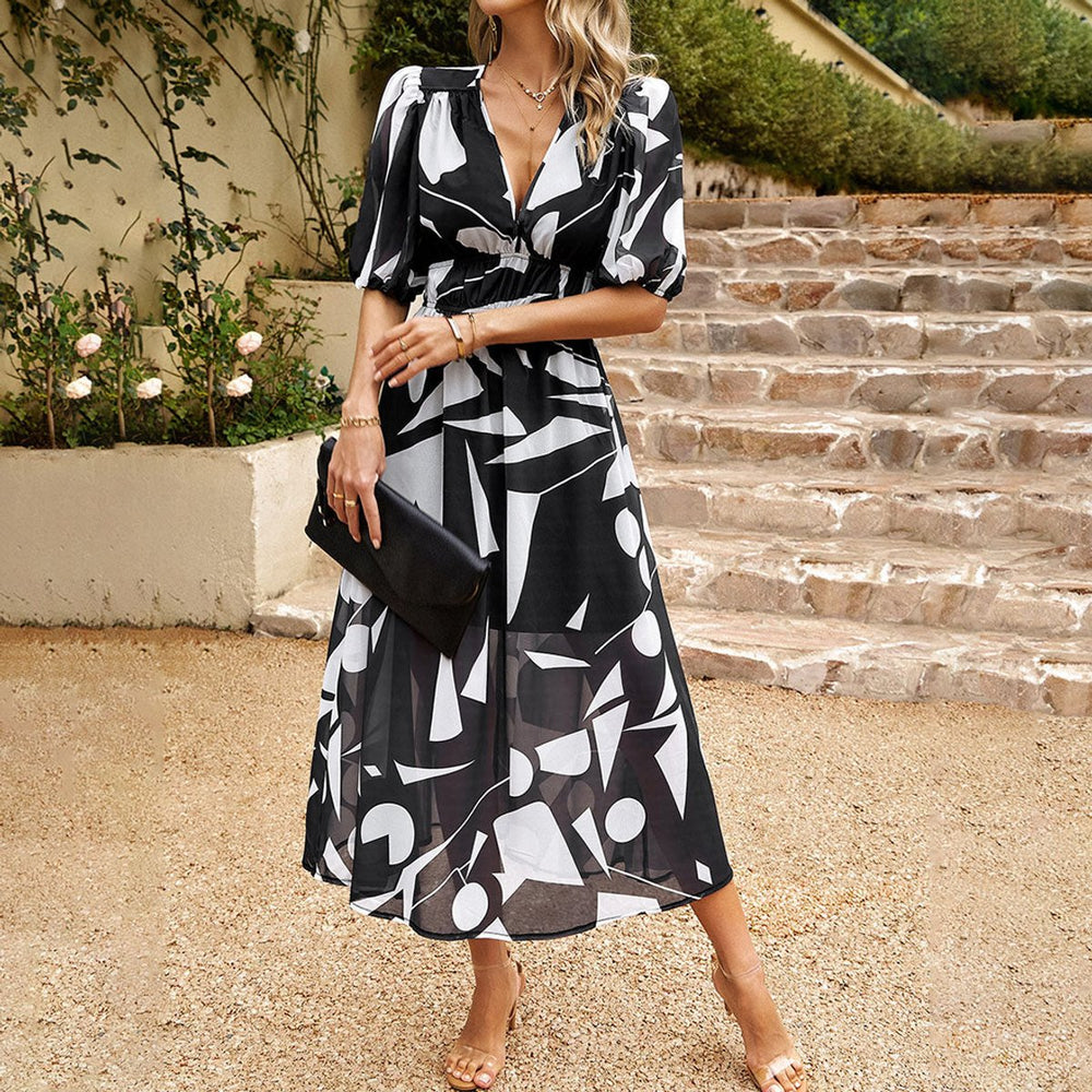Women's Geometric Print V-Neck Puff Sleeve Fall Midi Dress