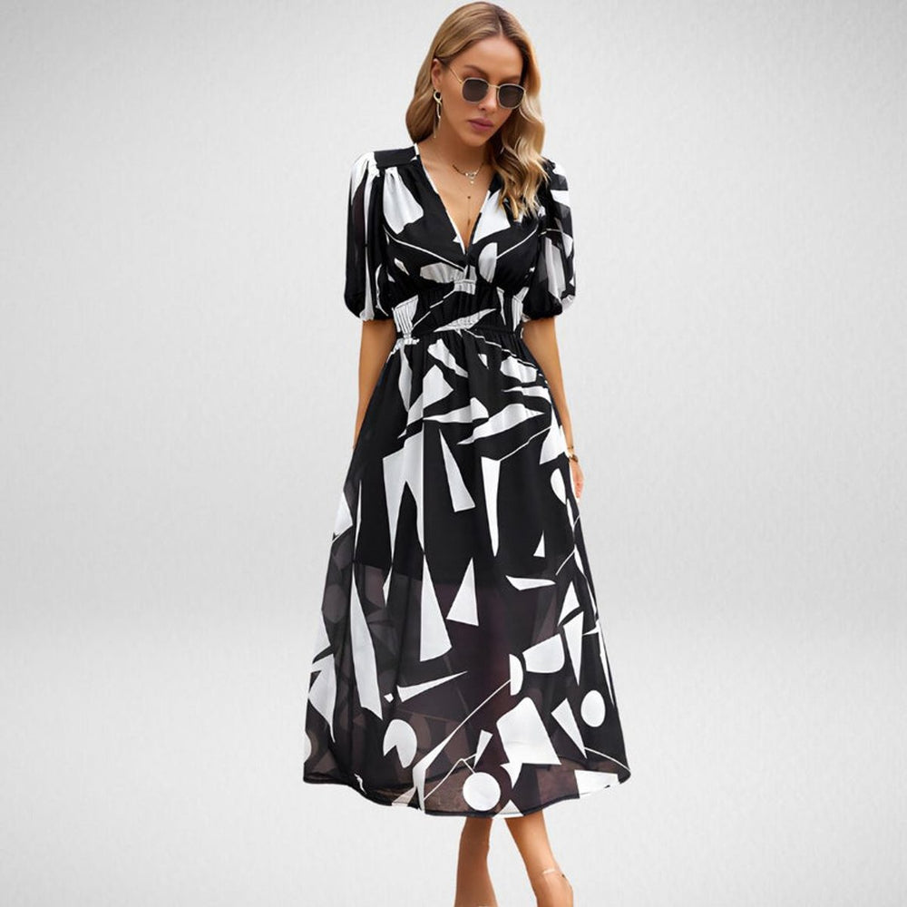 Women's Geometric Print V-Neck Puff Sleeve Fall Midi Dress