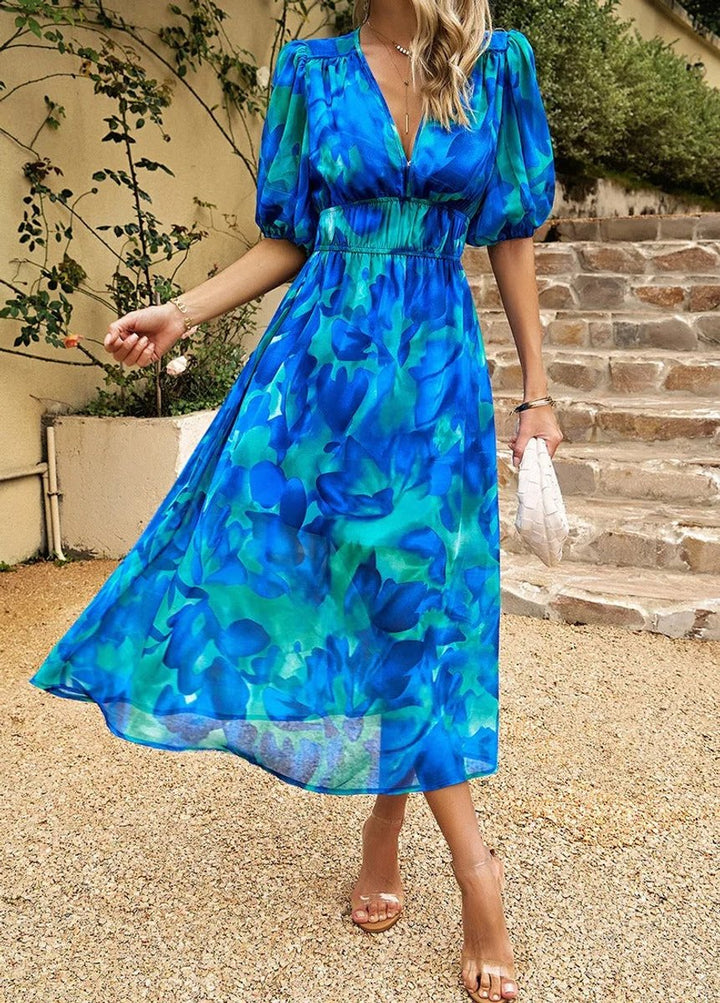 Women's Geometric Print V-Neck Puff Sleeve Fall Midi Dress