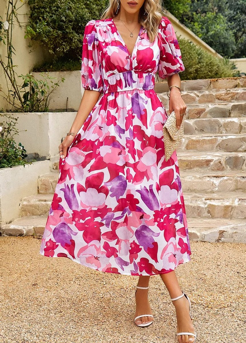 Women's Geometric Print V-Neck Puff Sleeve Fall Midi Dress