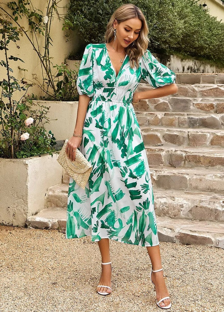 Women's Geometric Print V-Neck Puff Sleeve Fall Midi Dress