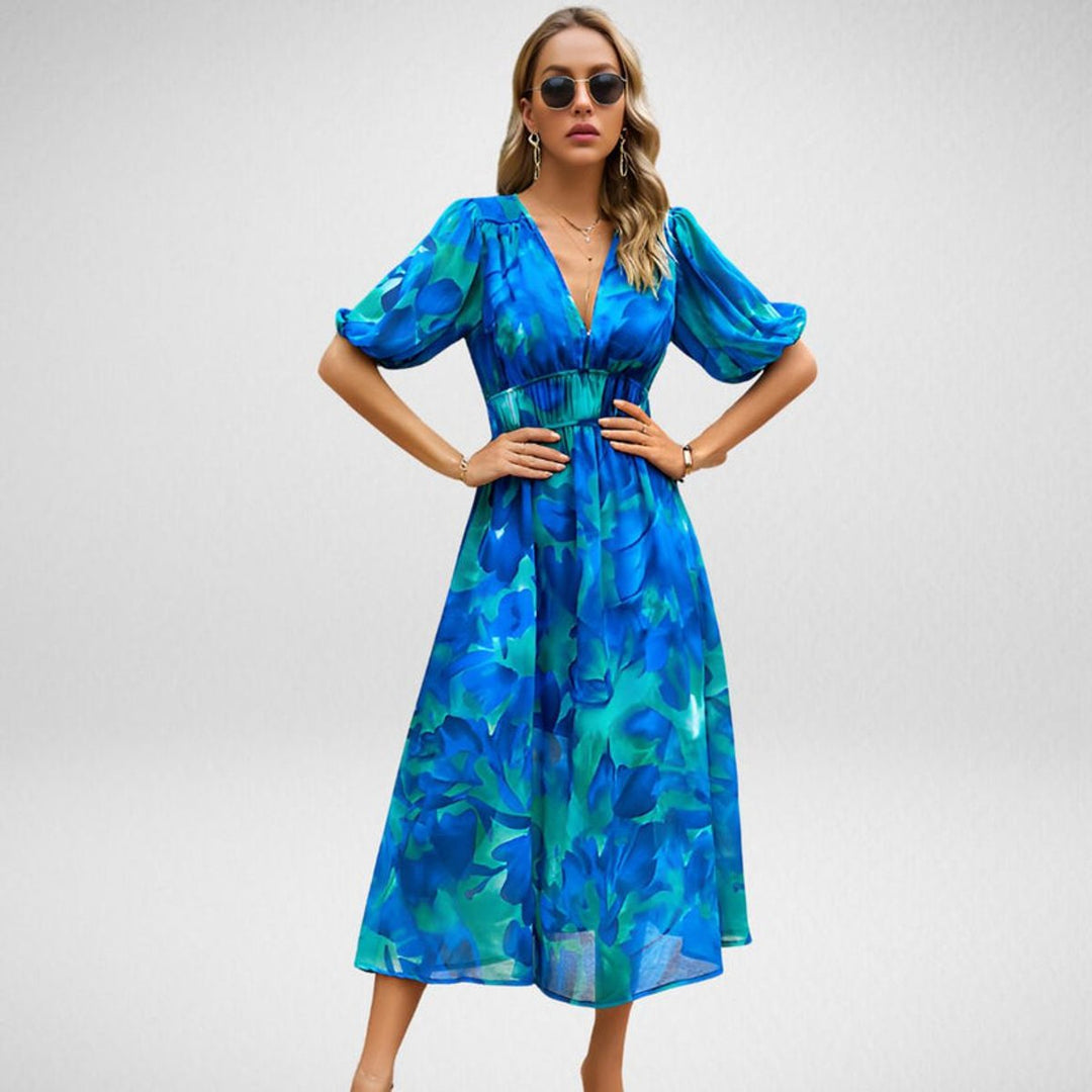 Women's Geometric Print V-Neck Puff Sleeve Fall Midi Dress