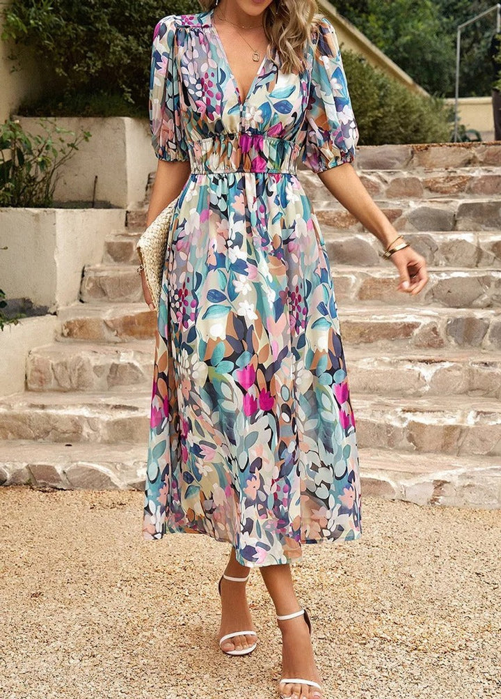Women's Geometric Print V-Neck Puff Sleeve Fall Midi Dress