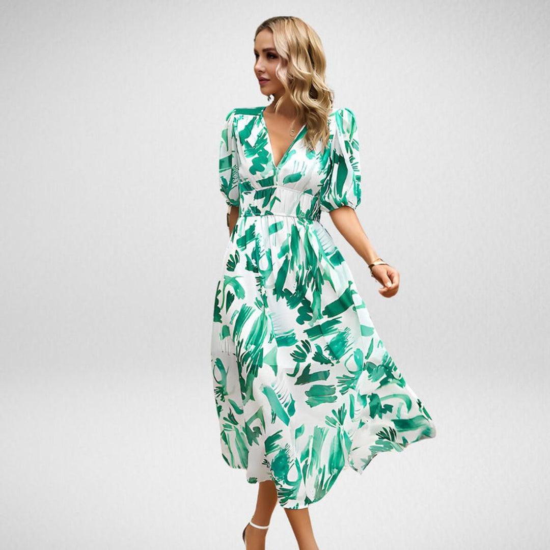 Women's Geometric Print V-Neck Puff Sleeve Fall Midi Dress