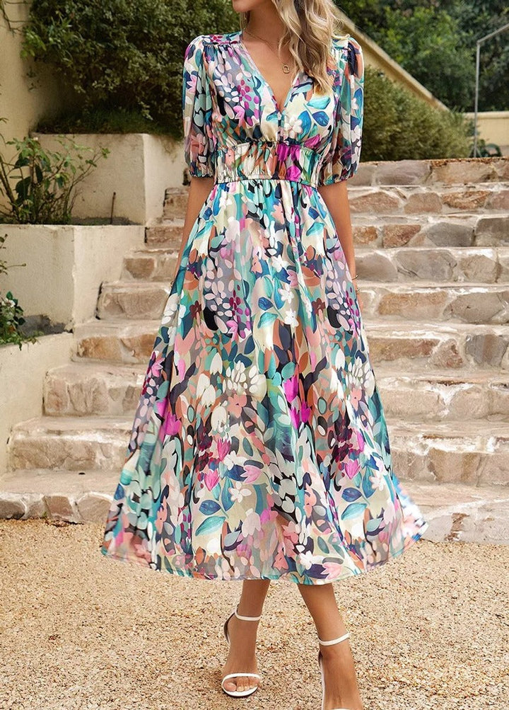 Women's Geometric Print V-Neck Puff Sleeve Fall Midi Dress
