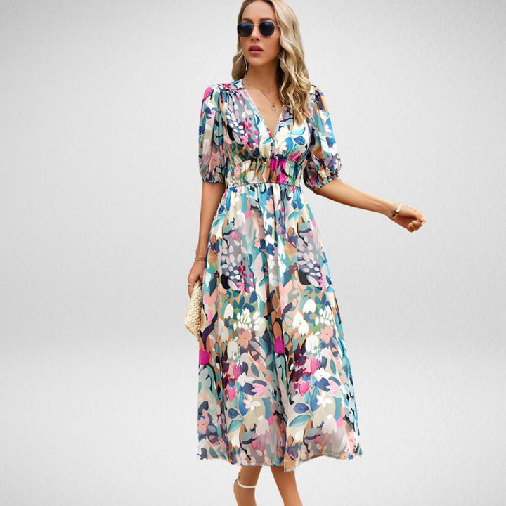 Women's Geometric Print V-Neck Puff Sleeve Fall Midi Dress