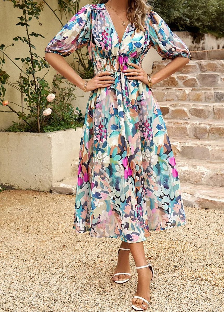 Women's Geometric Print V-Neck Puff Sleeve Fall Midi Dress