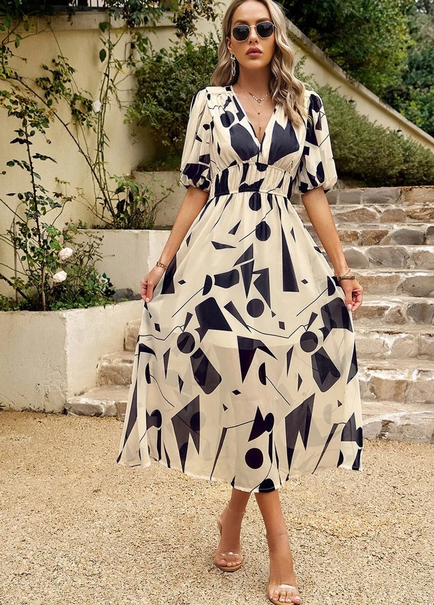 Women's Geometric Print V-Neck Puff Sleeve Fall Midi Dress