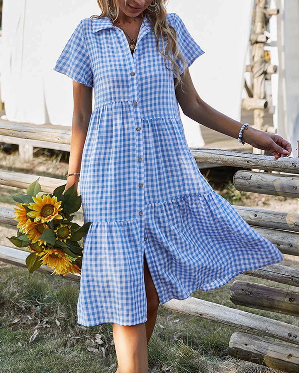Women's Gingham Button-Down Tiered Fall Midi Dress