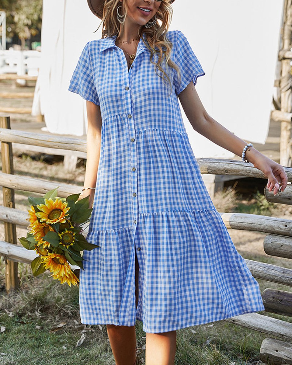 Women's Gingham Button-Down Tiered Fall Midi Dress