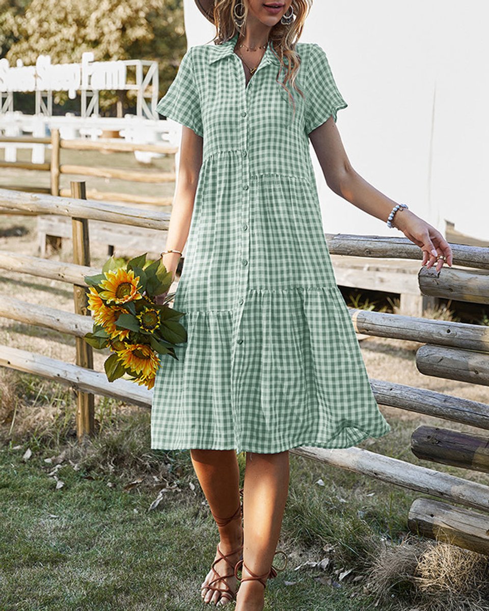 Women's Gingham Button-Down Tiered Fall Midi Dress