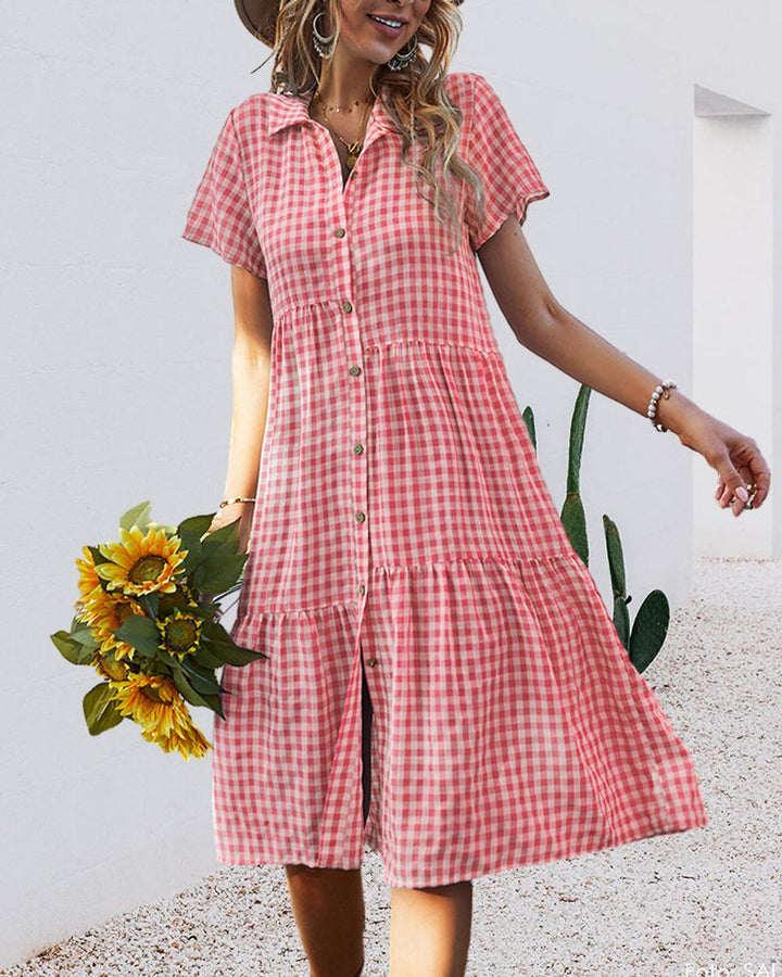 Women's Gingham Button-Down Tiered Fall Midi Dress