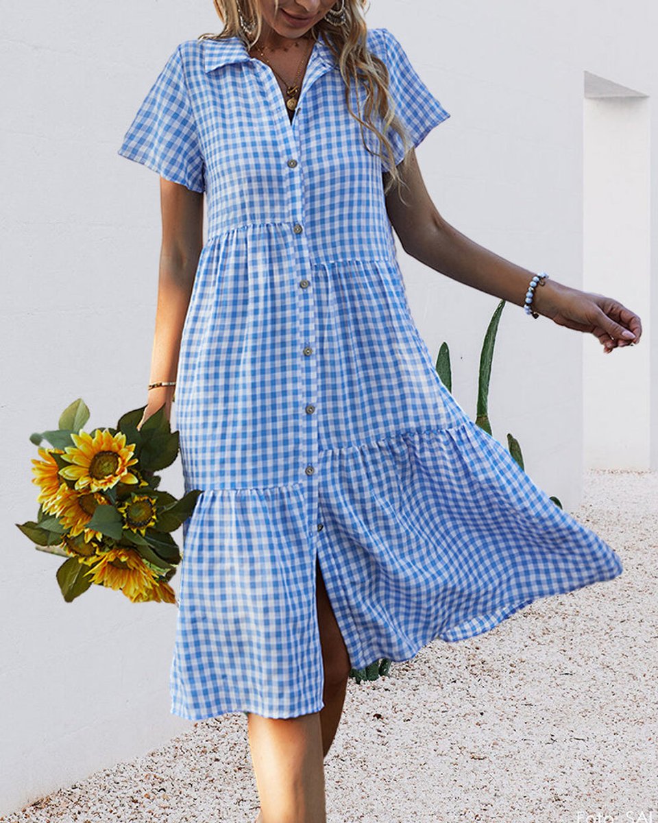 Women's Gingham Button-Down Tiered Fall Midi Dress