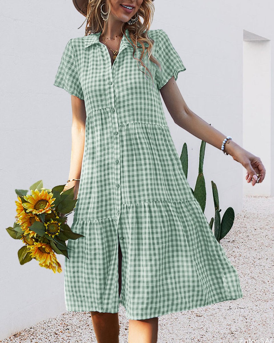 Women's Gingham Button-Down Tiered Fall Midi Dress
