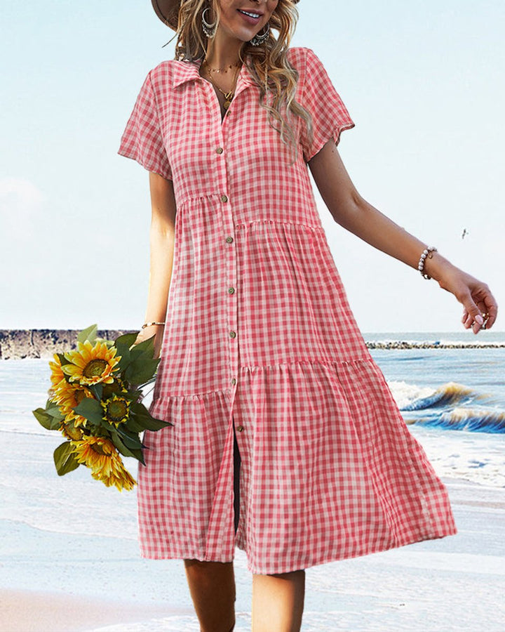 Women's Gingham Button-Down Tiered Fall Midi Dress