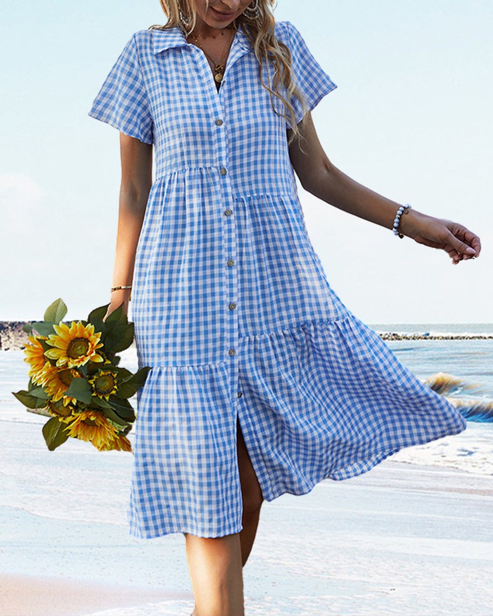 Women's Gingham Button-Down Tiered Fall Midi Dress