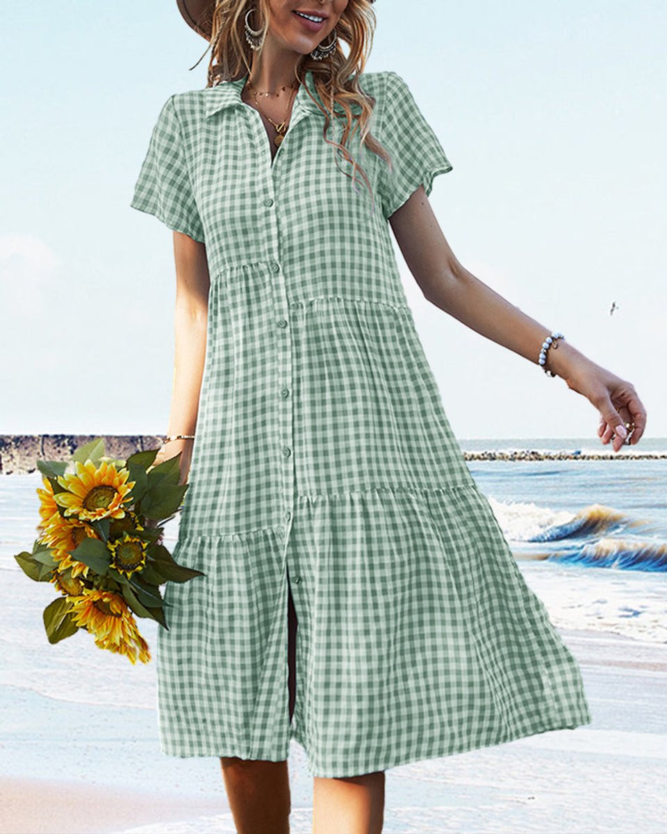Women's Gingham Button-Down Tiered Fall Midi Dress