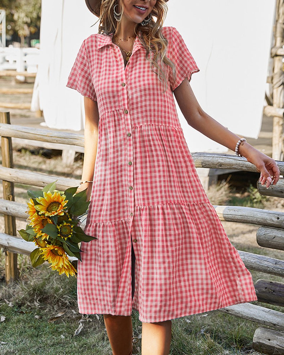 Women's Gingham Button-Down Tiered Fall Midi Dress