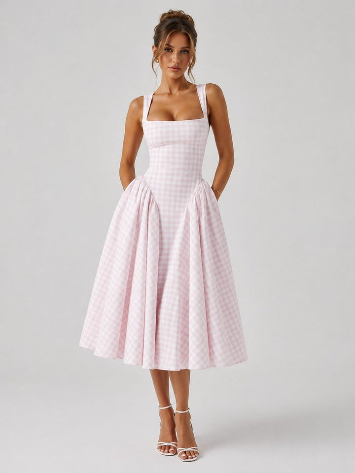 Women's Gingham Square Neck Pleated Midi Formal Dress