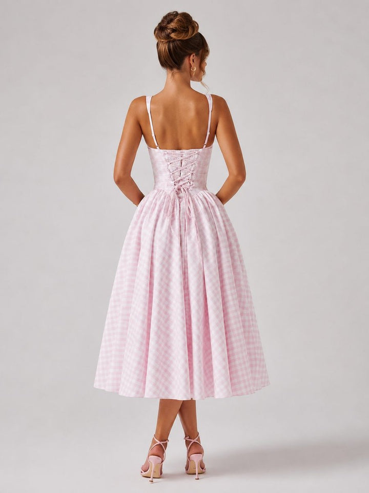 Women's Gingham Square Neck Pleated Midi Formal Dress