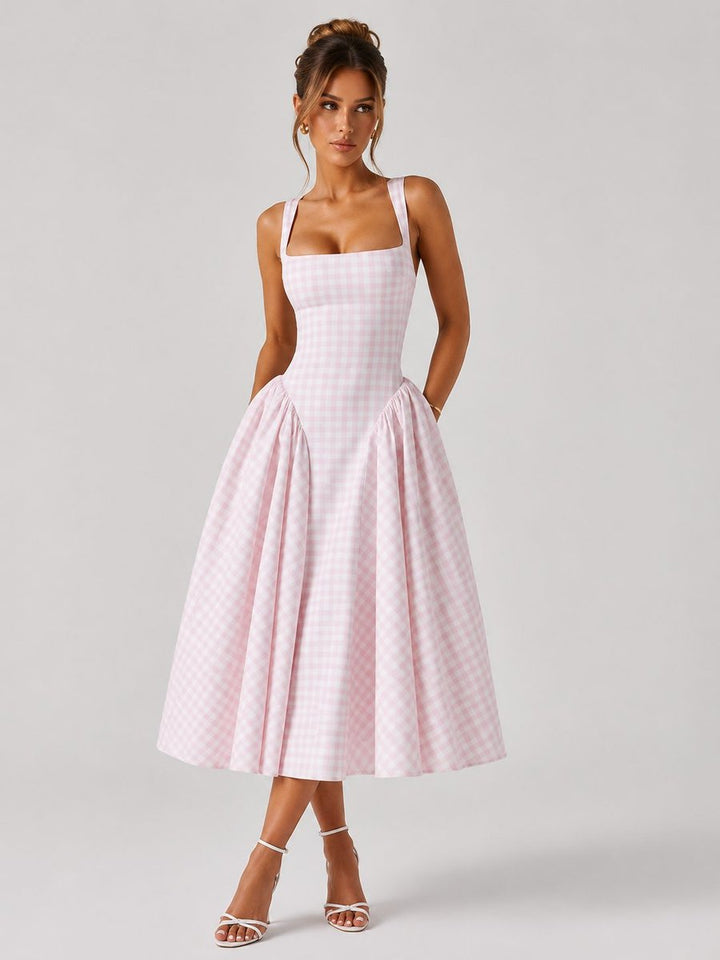 Women's Gingham Square Neck Pleated Midi Formal Dress