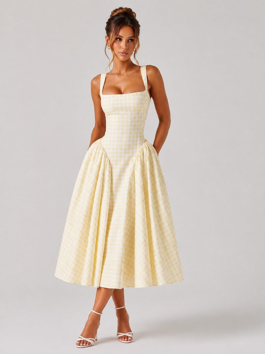 Women's Gingham Square Neck Pleated Midi Formal Dress