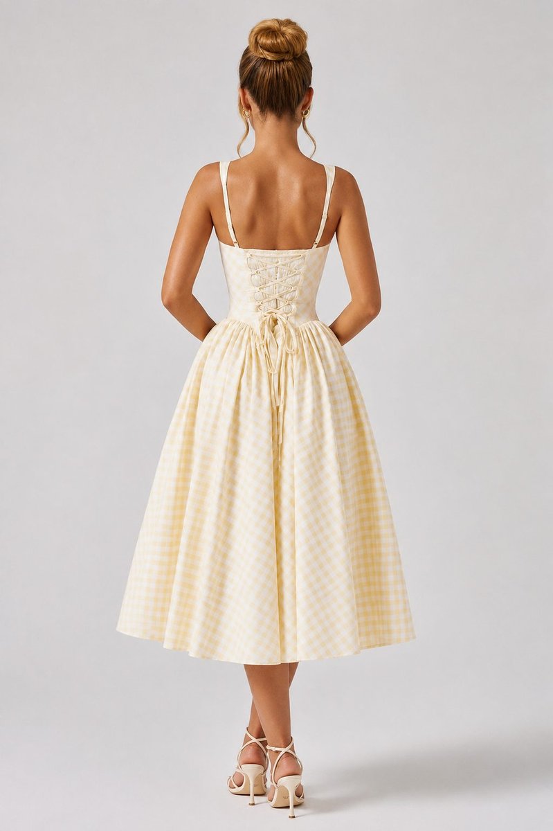 Women's Gingham Square Neck Pleated Midi Formal Dress