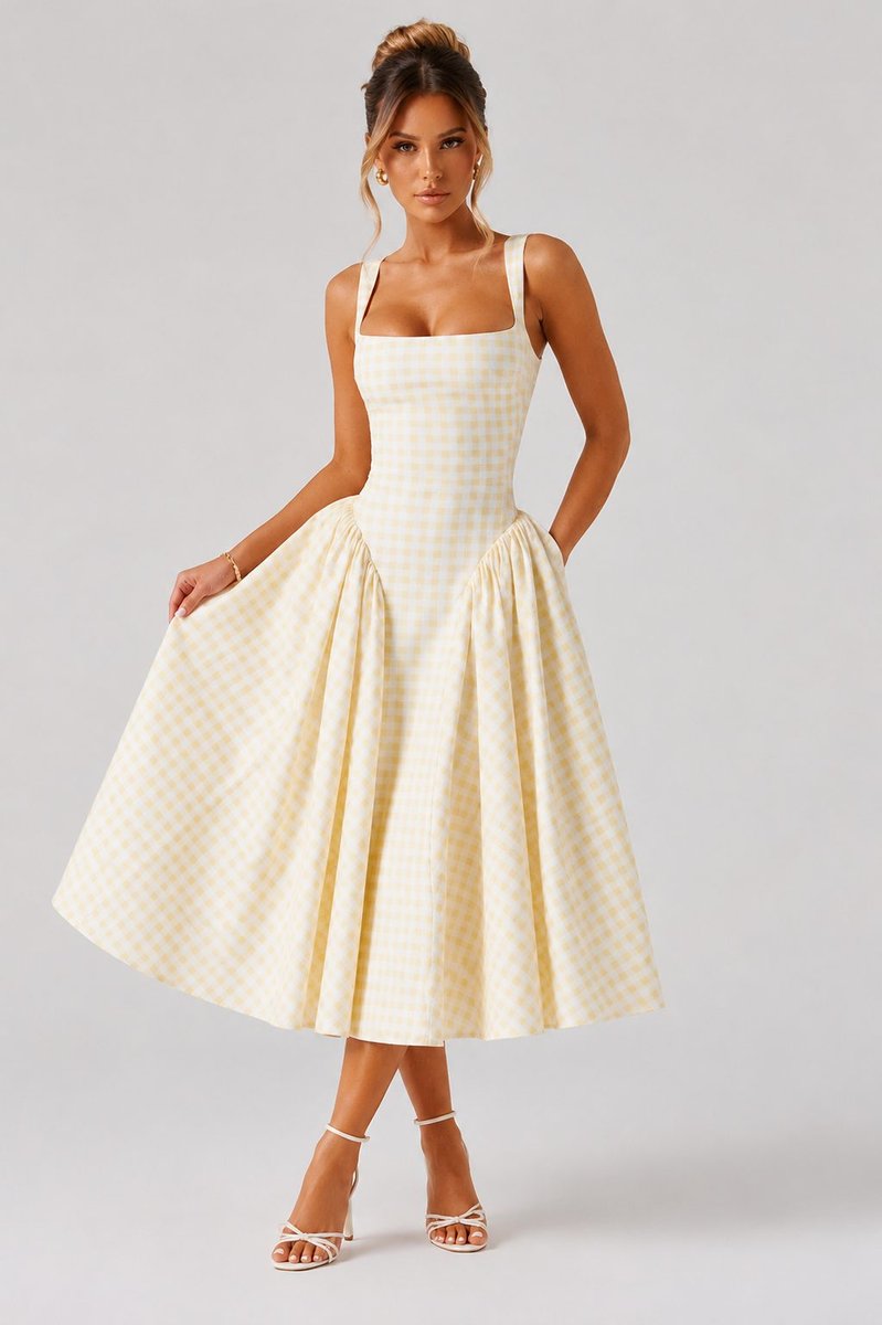 Women's Gingham Square Neck Pleated Midi Formal Dress
