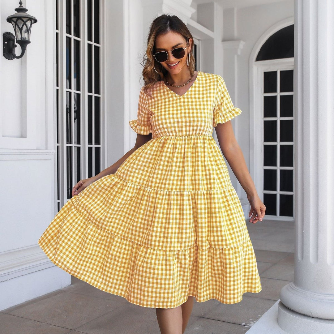 Women's Gingham Tiered Ruffle-Sleeve Fall Midi Dress