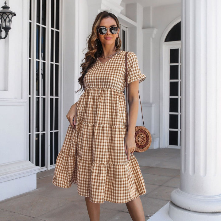 Women's Gingham Tiered Ruffle-Sleeve Fall Midi Dress