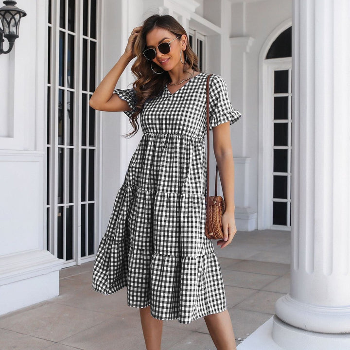 Women's Gingham Tiered Ruffle-Sleeve Fall Midi Dress