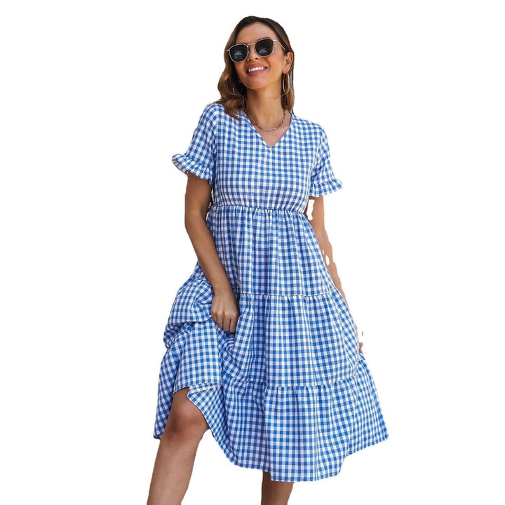 Women's Gingham Tiered Ruffle-Sleeve Fall Midi Dress