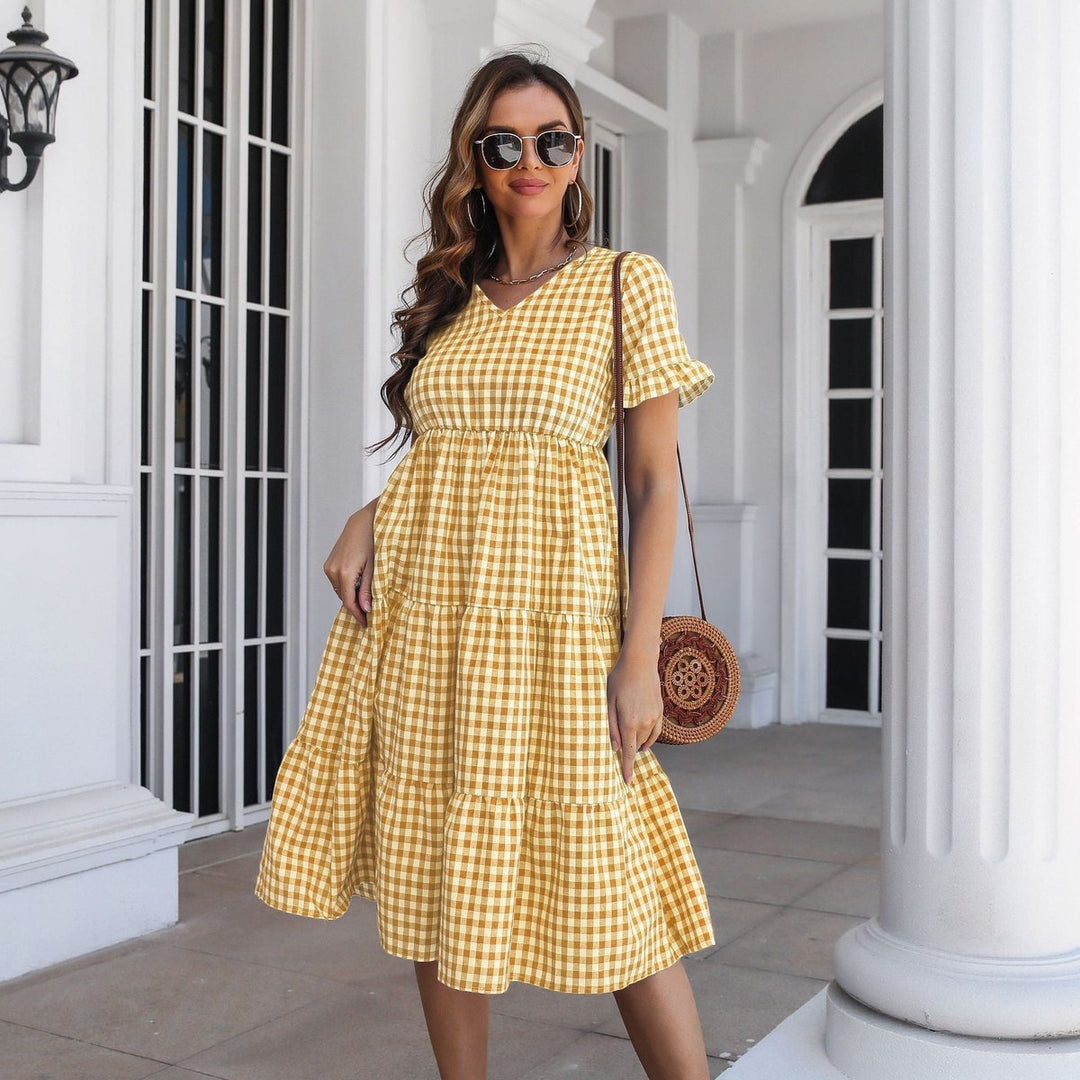 Women's Gingham Tiered Ruffle-Sleeve Fall Midi Dress